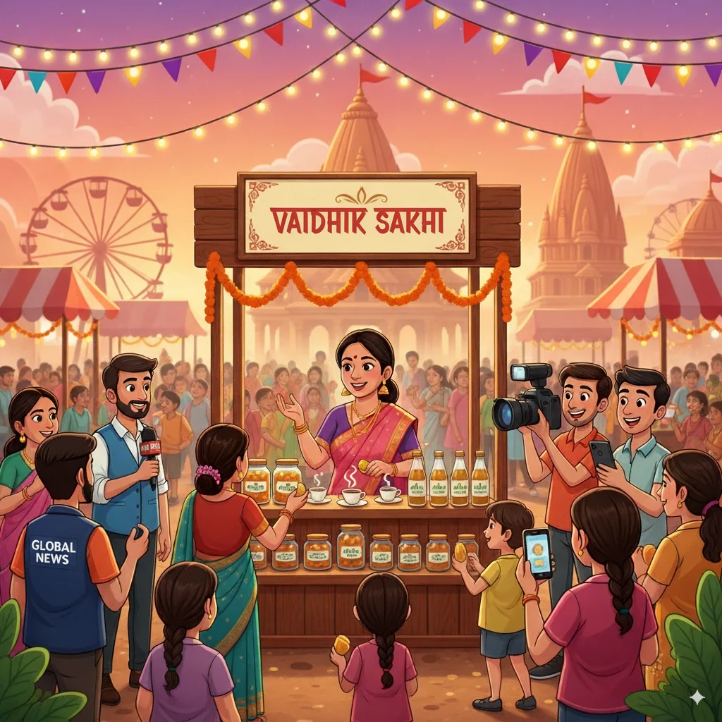Richa showcasing products at Mahakumbh